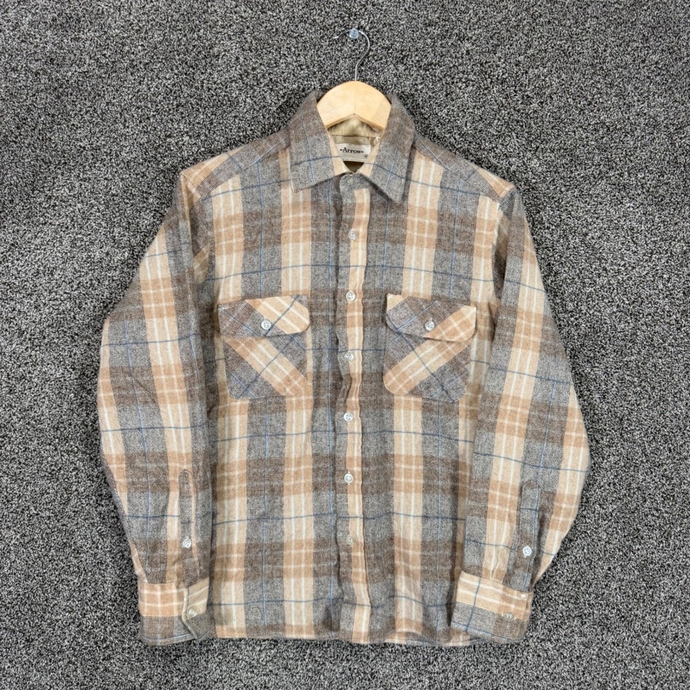 Vintage Arrow Shirt Mens M Tan Plaid Wool Blend Flap Pockets Button Up 70s